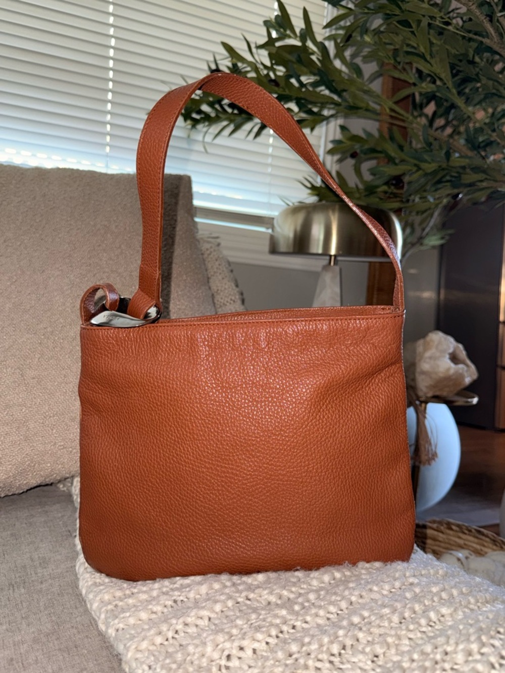 Furla Pebbled Leather Carmel Brown Shoulder Bag silver Hardware